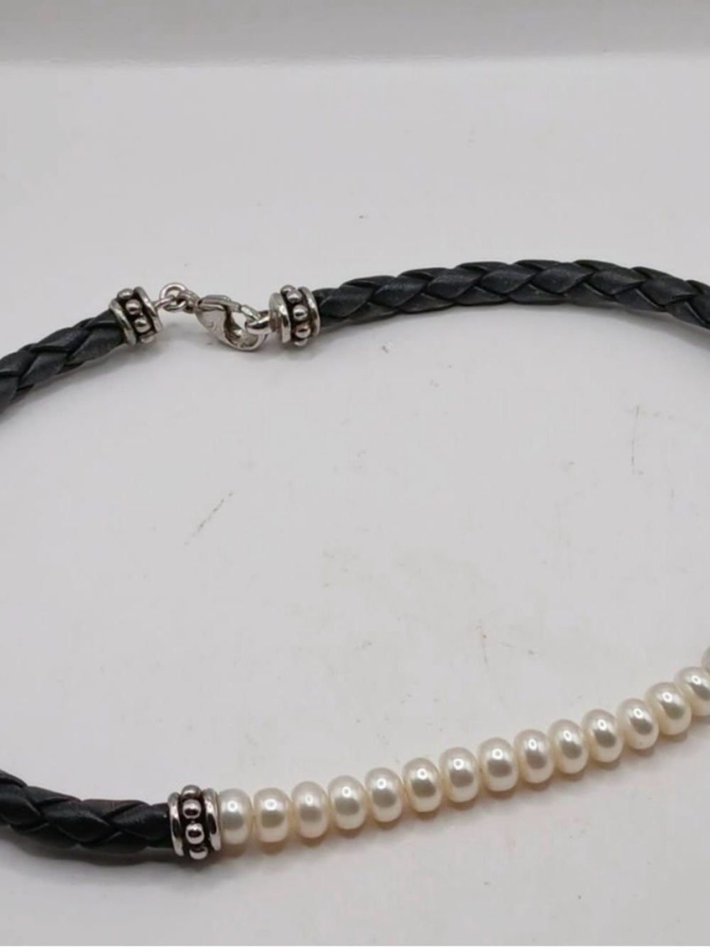 Vintage Hondora Black Braided Leather Necklace with White Pearls
